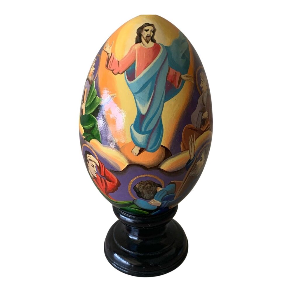 Vintage Wooden Painted Ukrainian Egg Christian Decorative Decor Lacquer w/ Stand